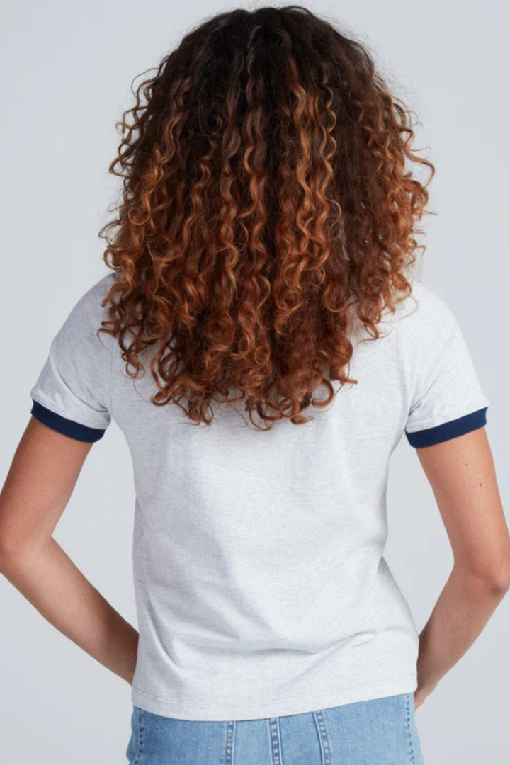 Model wearing ASKK NY Classic Ringer Tee rear view