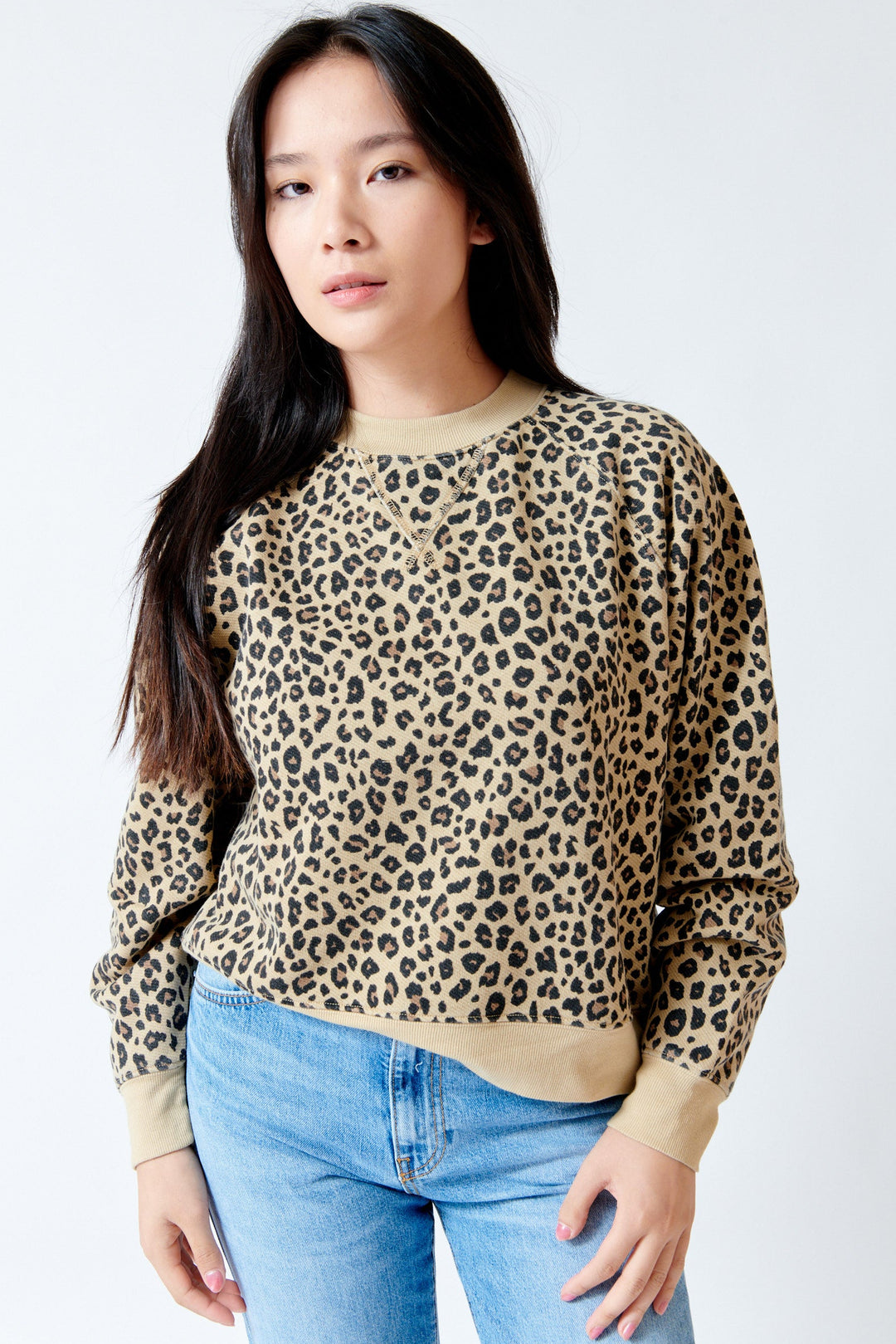 Lilly wearing ASKK NY Wooster Sweatshirt Leopard front view