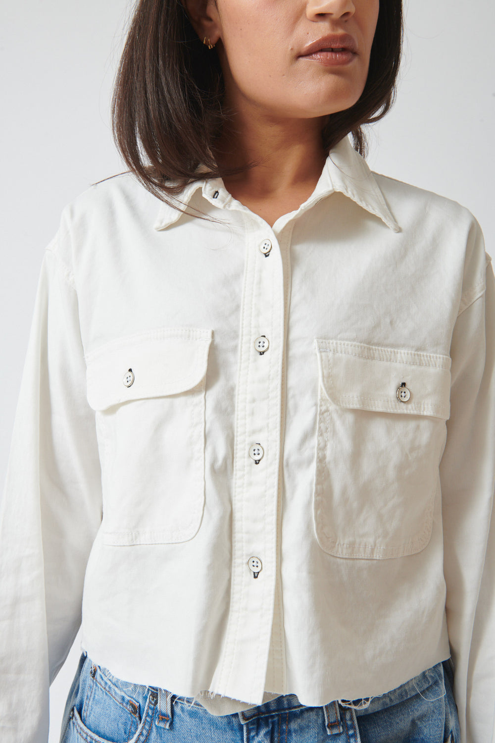 Amanda wearing ASKK NY Crosby Combo Shirt front detail view