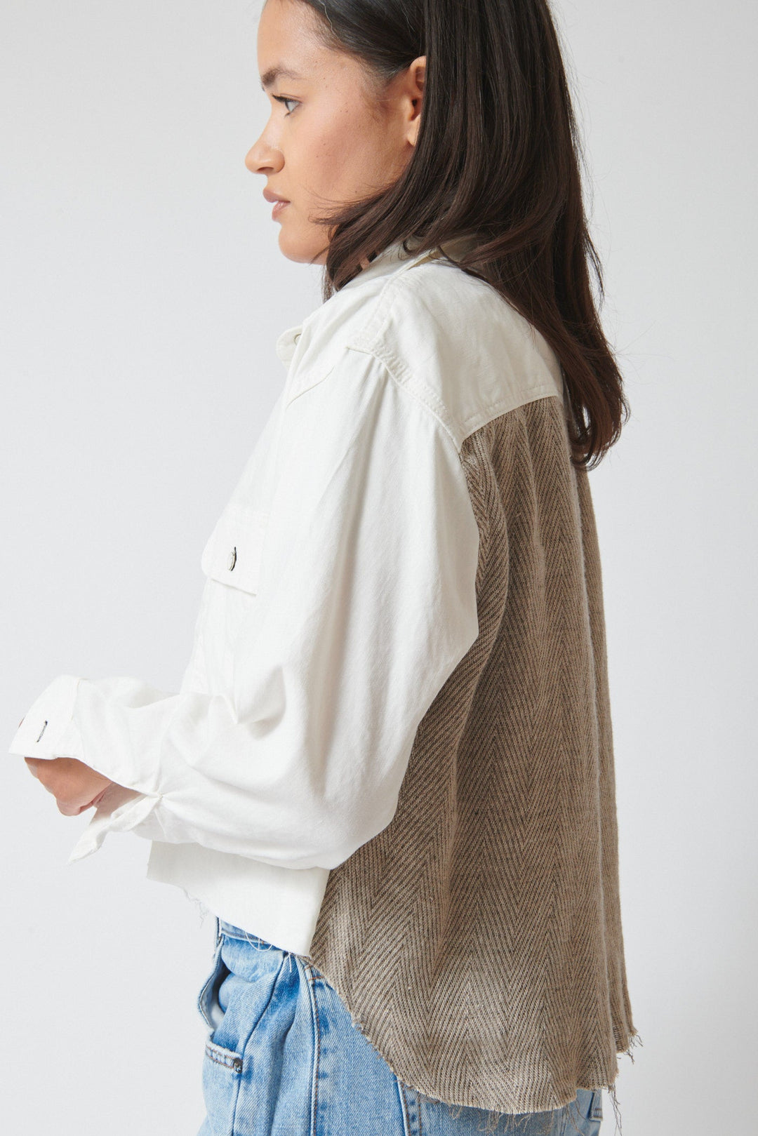 Amanda wearing ASKK NY Crosby Combo Shirt rear/side view