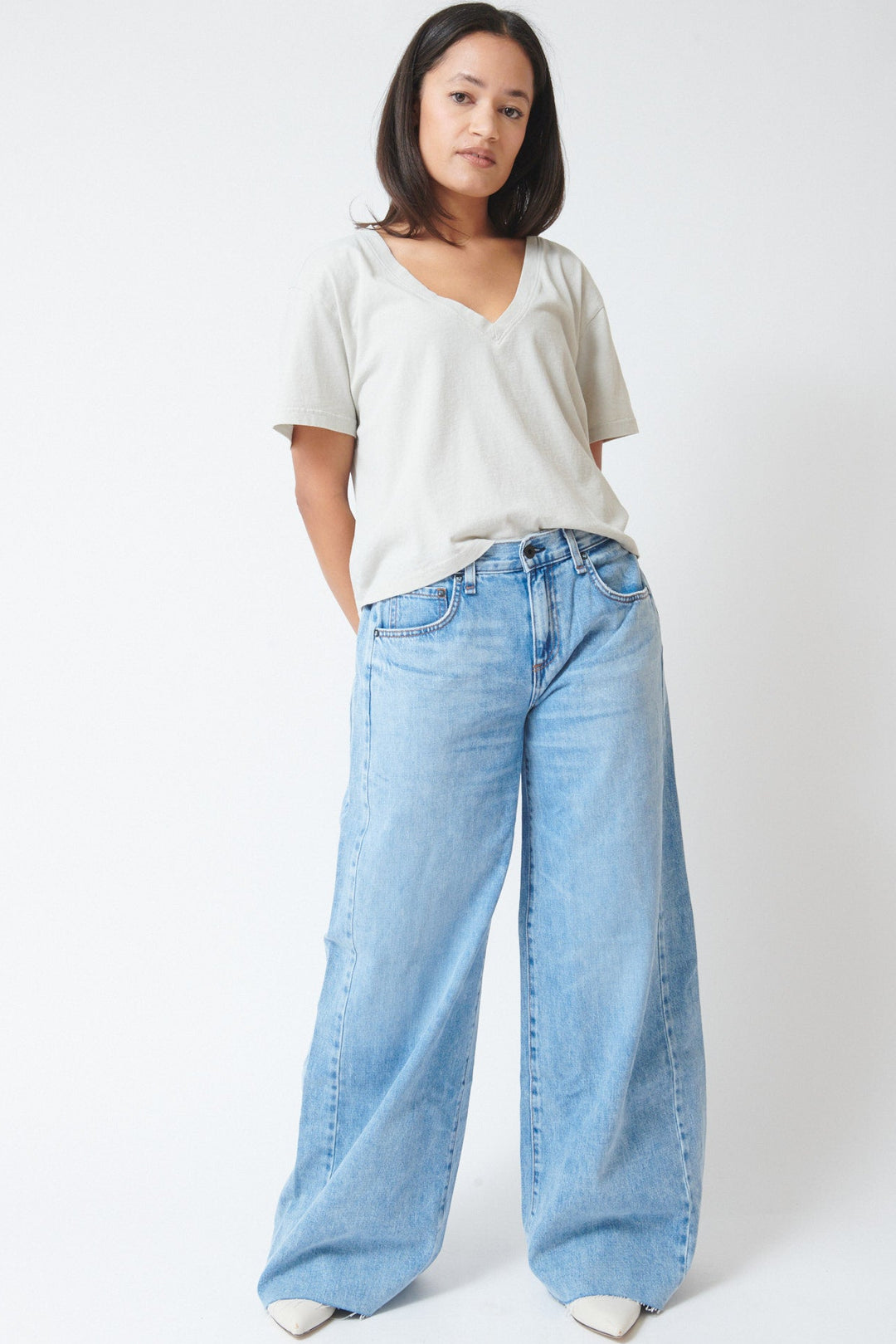 Amanda wearing ASKK NY The Sloop Jean front view