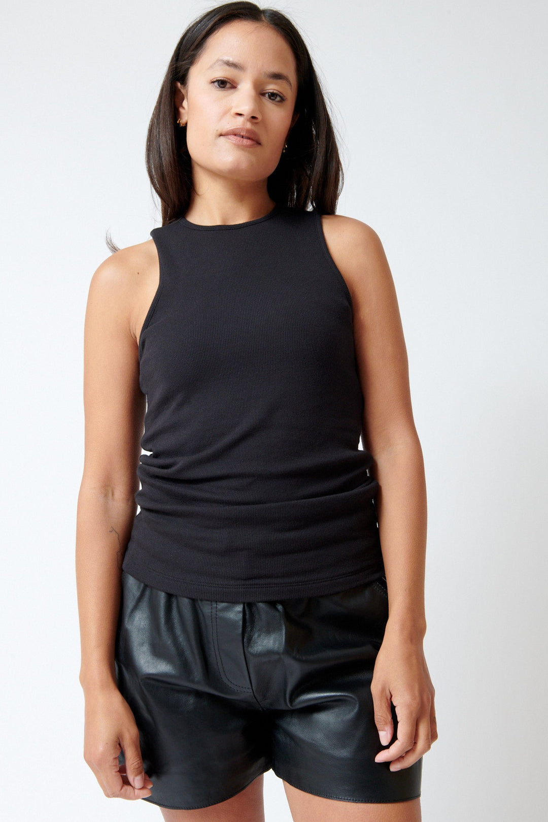 Amanda wearing ATM Anthony Thomas Melillo Super Soft Modal Spandex Fine Rib Tank Top front view