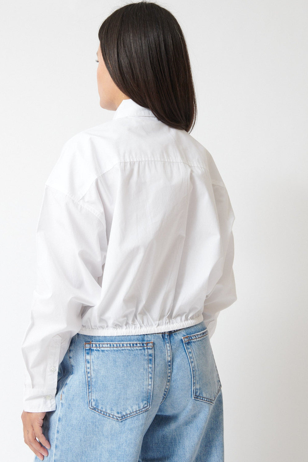 Amanda wearing ATM Anthony Thomas Melillo Cinched Waist Shirt White rear view