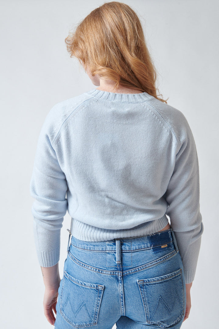 Model wearing Allude Full Sleeve Eugenie Sweater Daylight Shimmer rear view