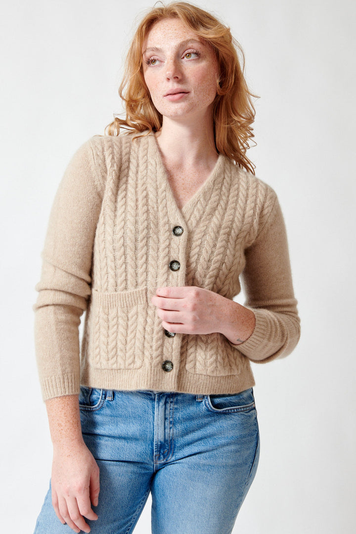 Model wearing Allude Full Sleeve Justine V Cardigan Marble Melange front view