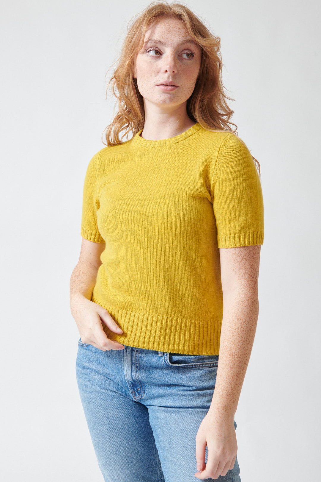 Waverly wearing Allude Quarter Sleeve Frankie Sweater Golden Quince front view