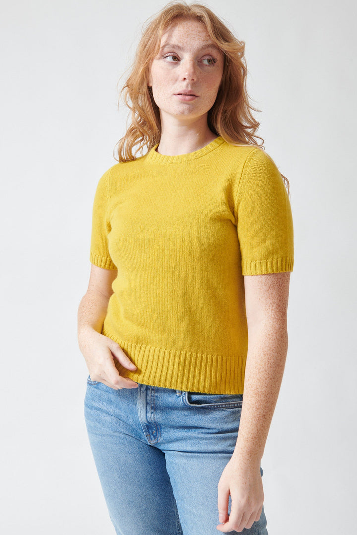 Waverly wearing Allude Quarter Sleeve Frankie Sweater Golden Quince front view