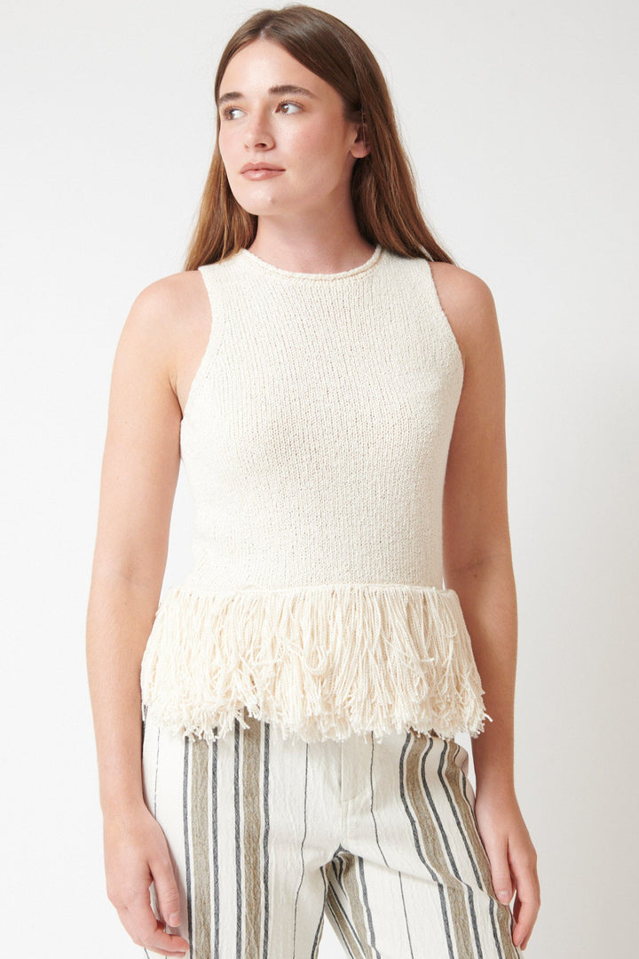 Julia wearing Apiece Apart Maeve Knit Fringe Tank front view