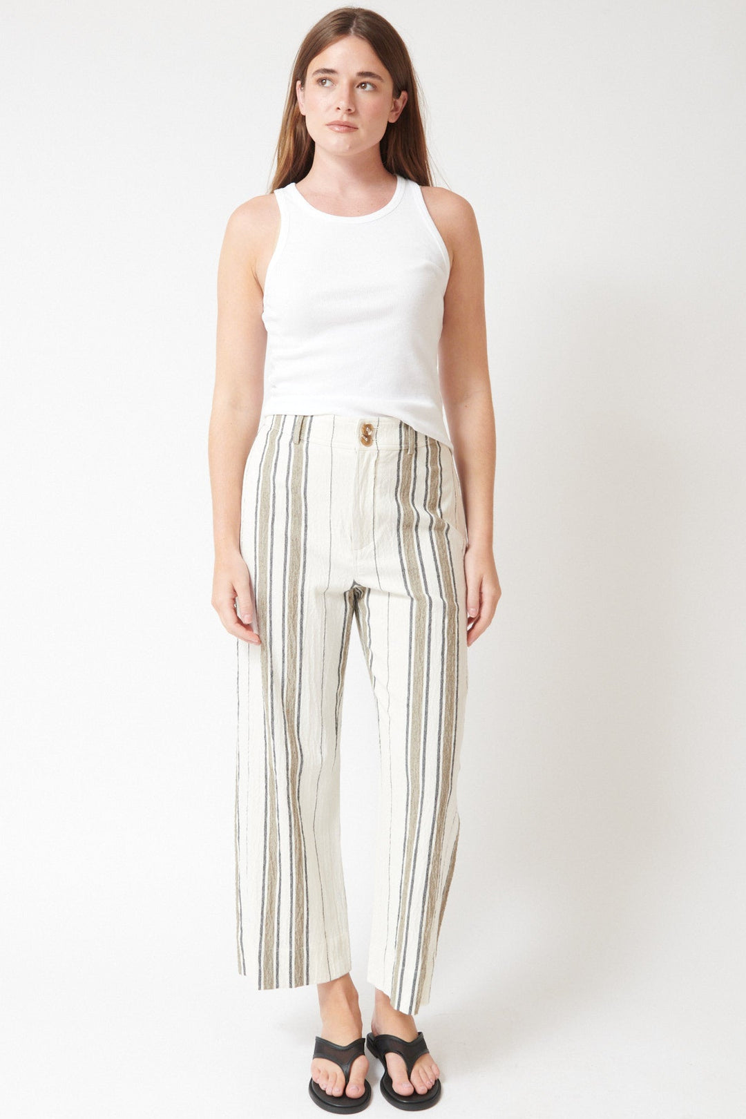 Julia wearing Apiece Apart Stripe Merida Pant front view