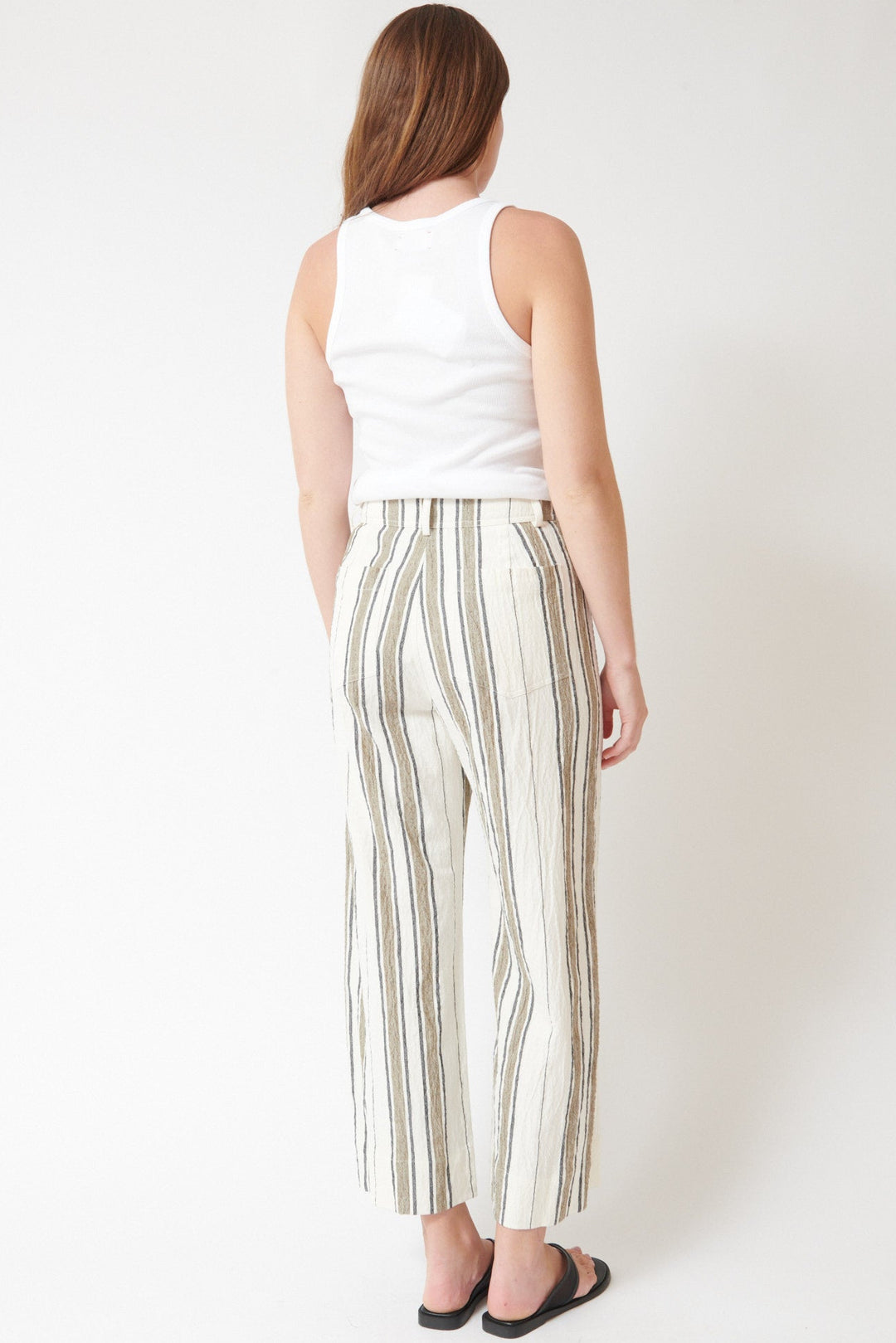 Julia wearing Apiece Apart Stripe Merida Pant rear view