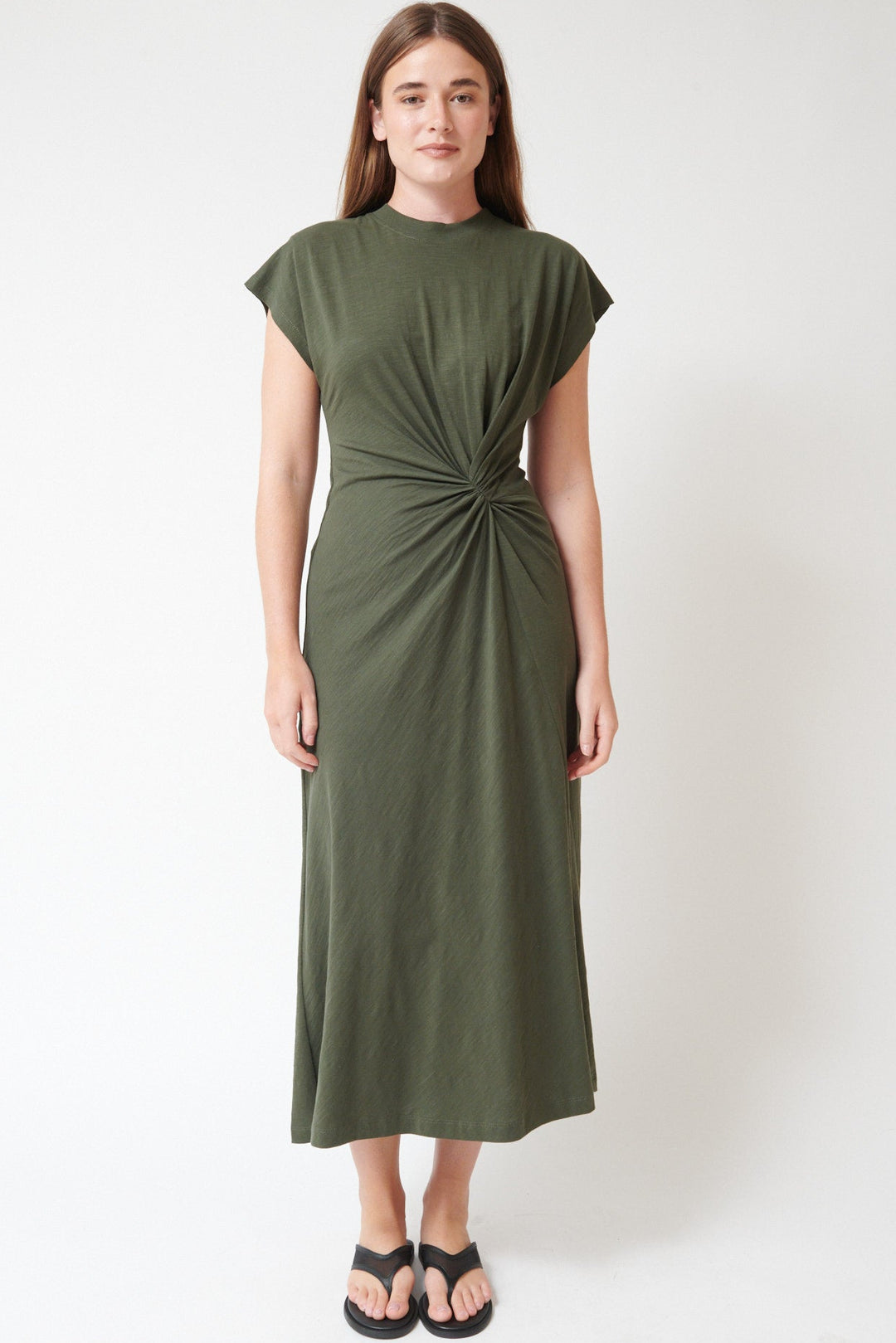 Julia wearing Apiece Apart Volta Twist Dress front view