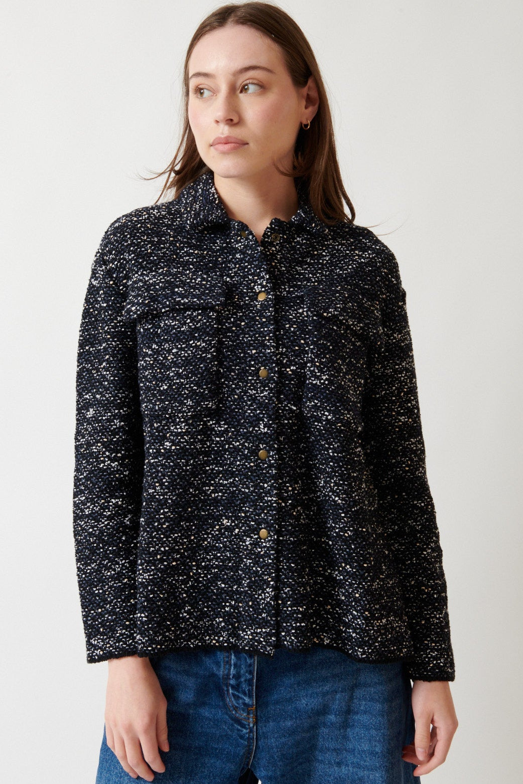 Angela wearing Base Cotton Nylon Knit Stitch Shirt Black White Slate Melange front view