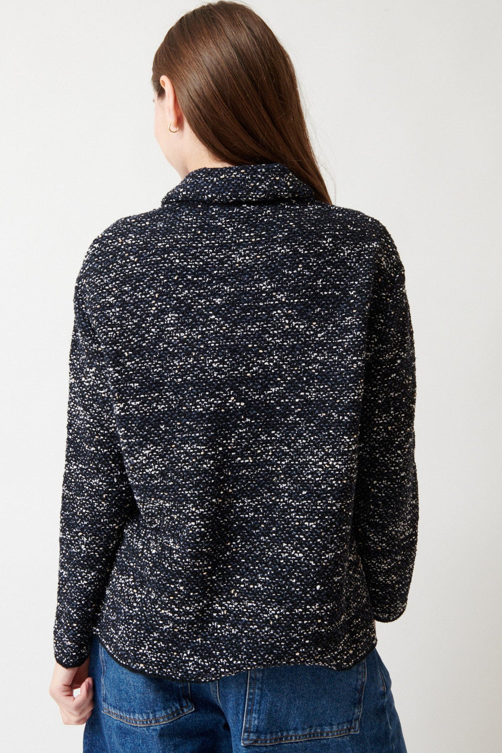 Angela wearing Base Cotton Nylon Knit Stitch Shirt Black White Slate Melange rear view