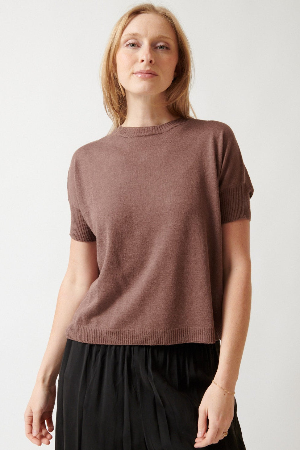 Madi wearing Base Linen Cotton Round Neck Top front view