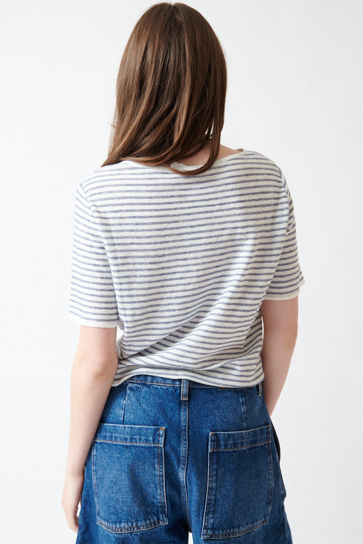 Angela wearing Base Linen Cotton Striped Boatneck Top Marina rear view