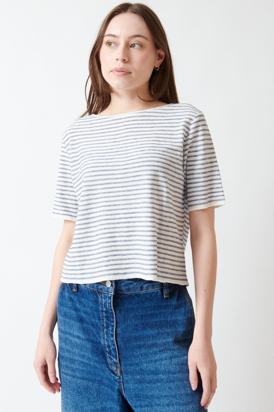 Angela wearing Base Linen Cotton Striped Boatneck Top Marina front view