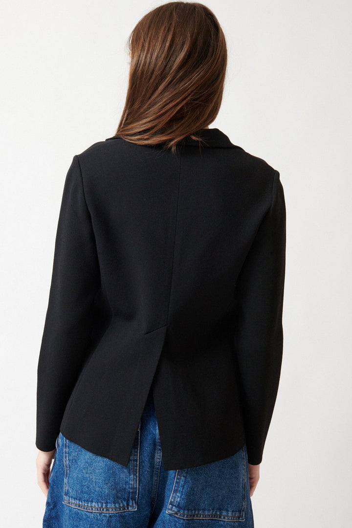 Angela wearing Base Single Snap Closure Knit Blazer Black rear view