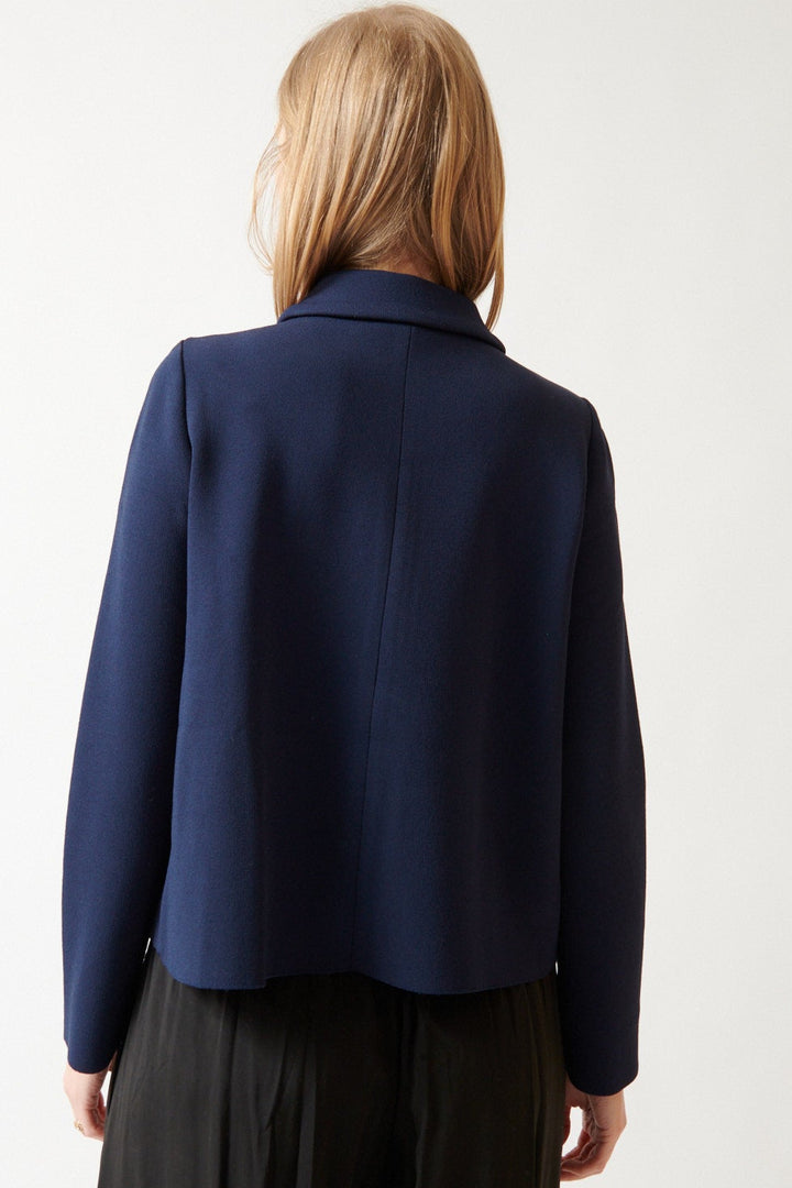 Madi wearing Base Snap Closure Knit Jacket Navy rear view