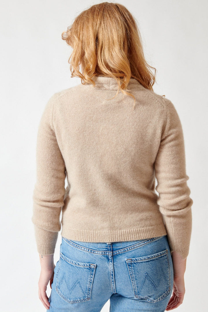 Model wearing Allude Full Sleeve Justine V Cardigan Marble Melange rear view