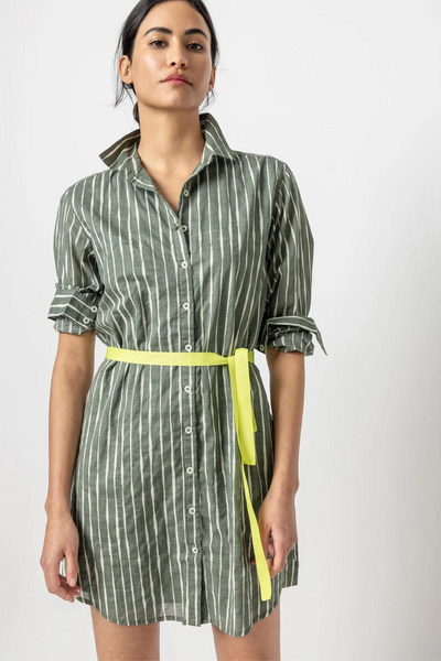 Model wearing Lilla P Long Sleeve Shirt Dress front view