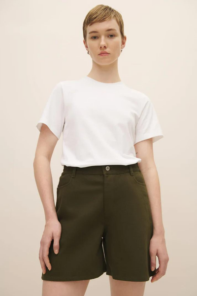 Model wearing Kowtow Eddy Shorts front view