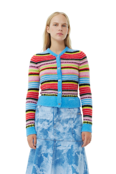 Model wearing Ganni Soft Wool Stripe Cardigan front view