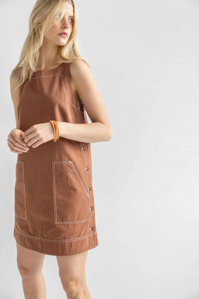 Model wearing Lilla P Side Button Canvas Dress front view