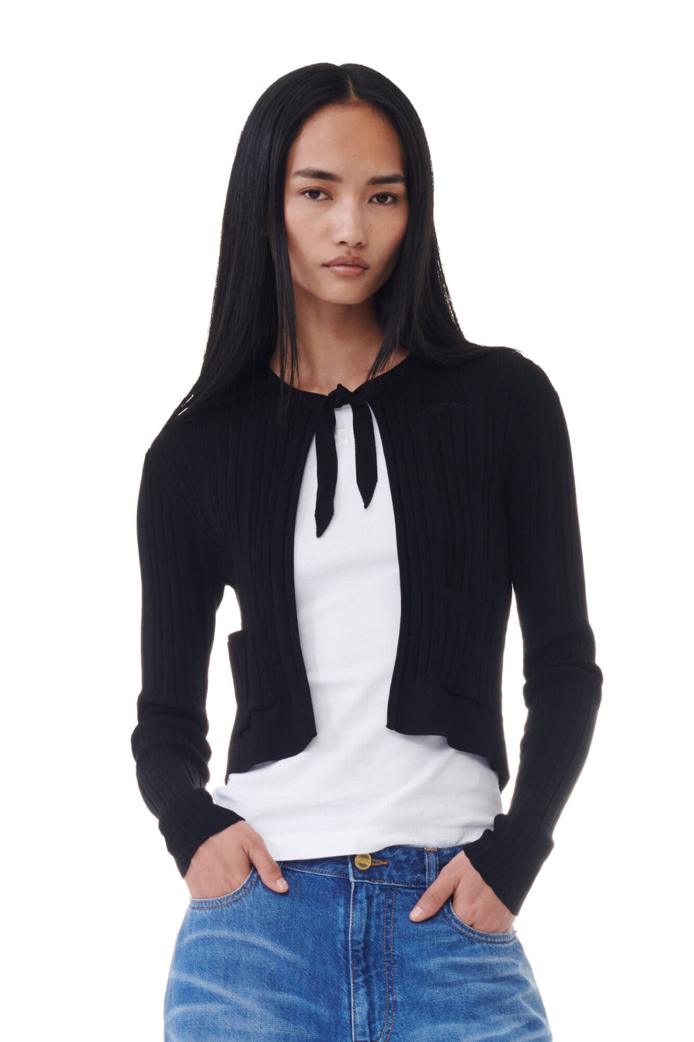 Model wearing Ganni Light Viscose Rib Cardigan front view