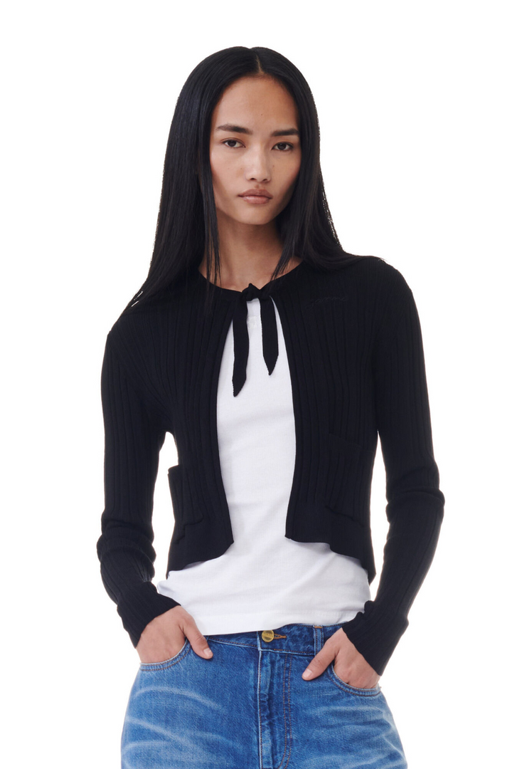 Model wearing Ganni Light Viscose Rib Cardigan front view