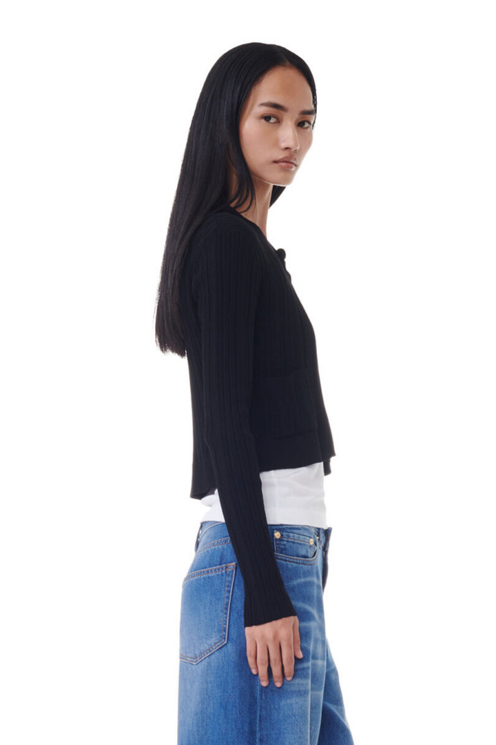 Model wearing Ganni Light Viscose Rib Cardigan side view