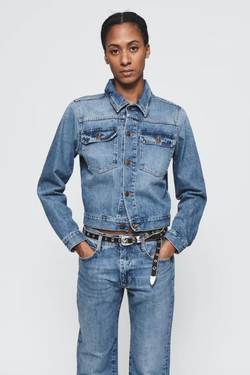 Model wearing 6397 Shrunken Jacket front view