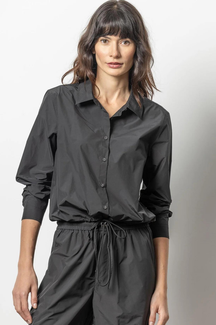 Model wearing Lilla P Nylon Drawstring Button Down front view