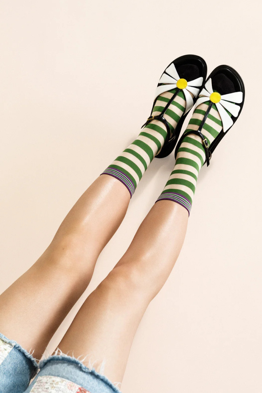 Model wearing Beatrice Stripe Sheer Crew Green 