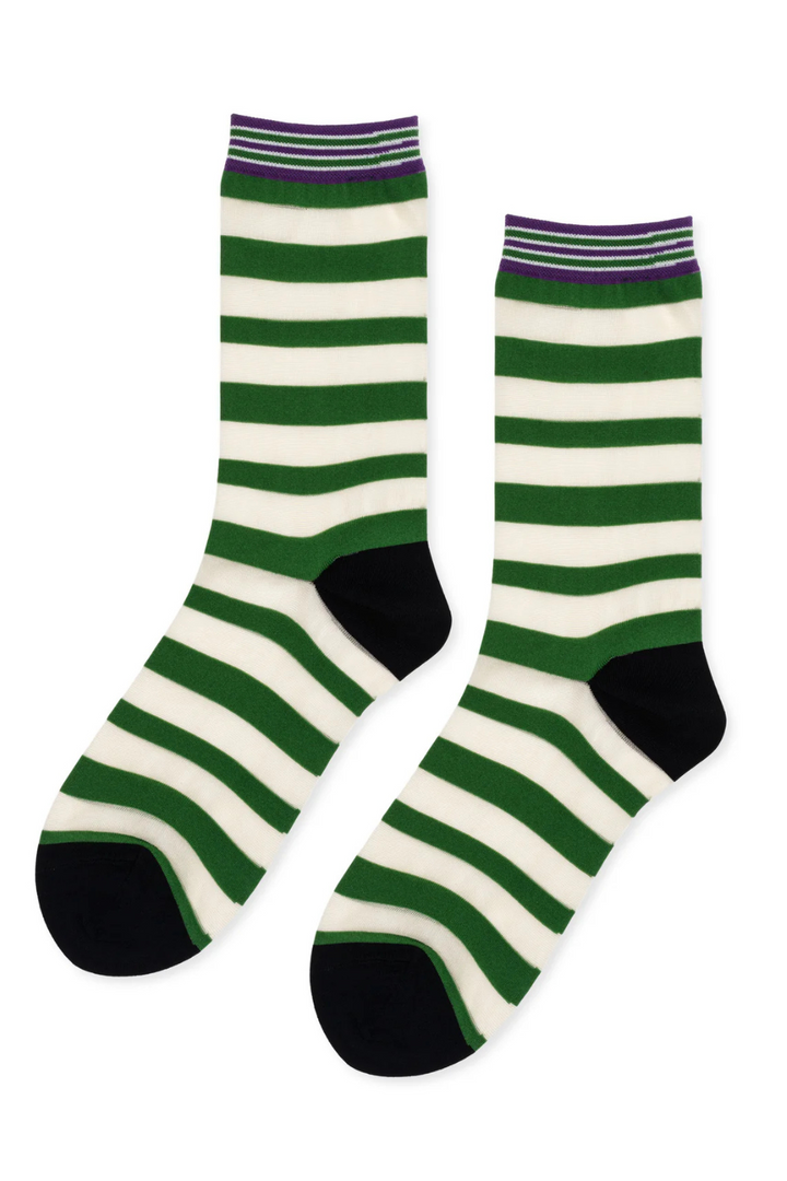 Flat lay of Beatrice Stripe Sheer Crew Green 