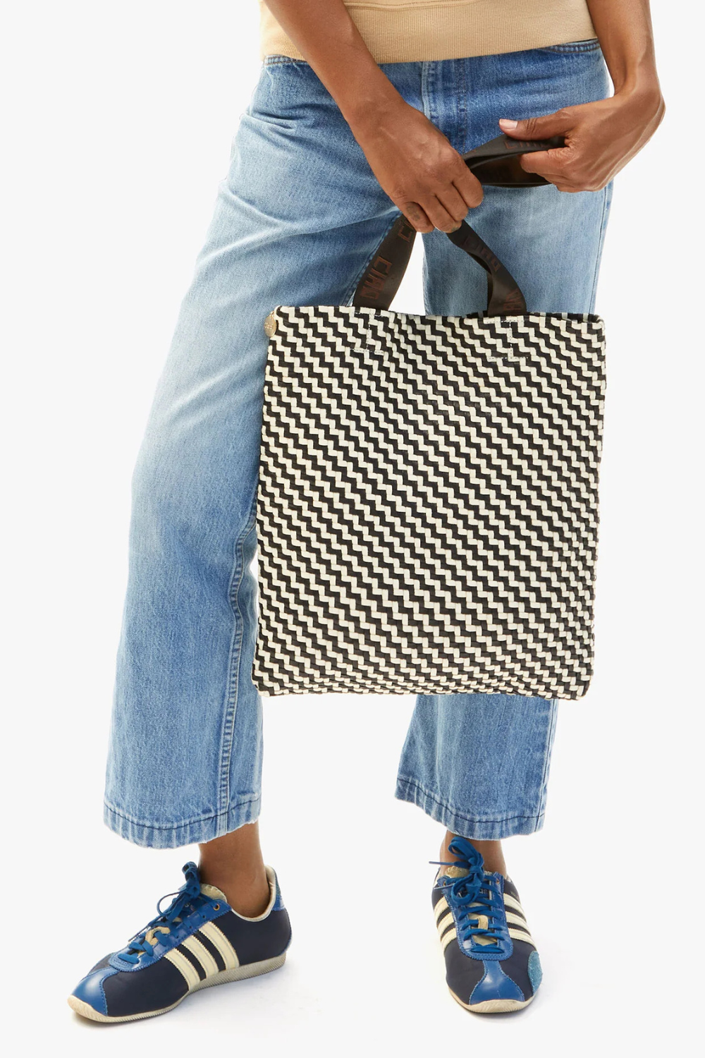 Model wearing Clare V. Carryall front view 