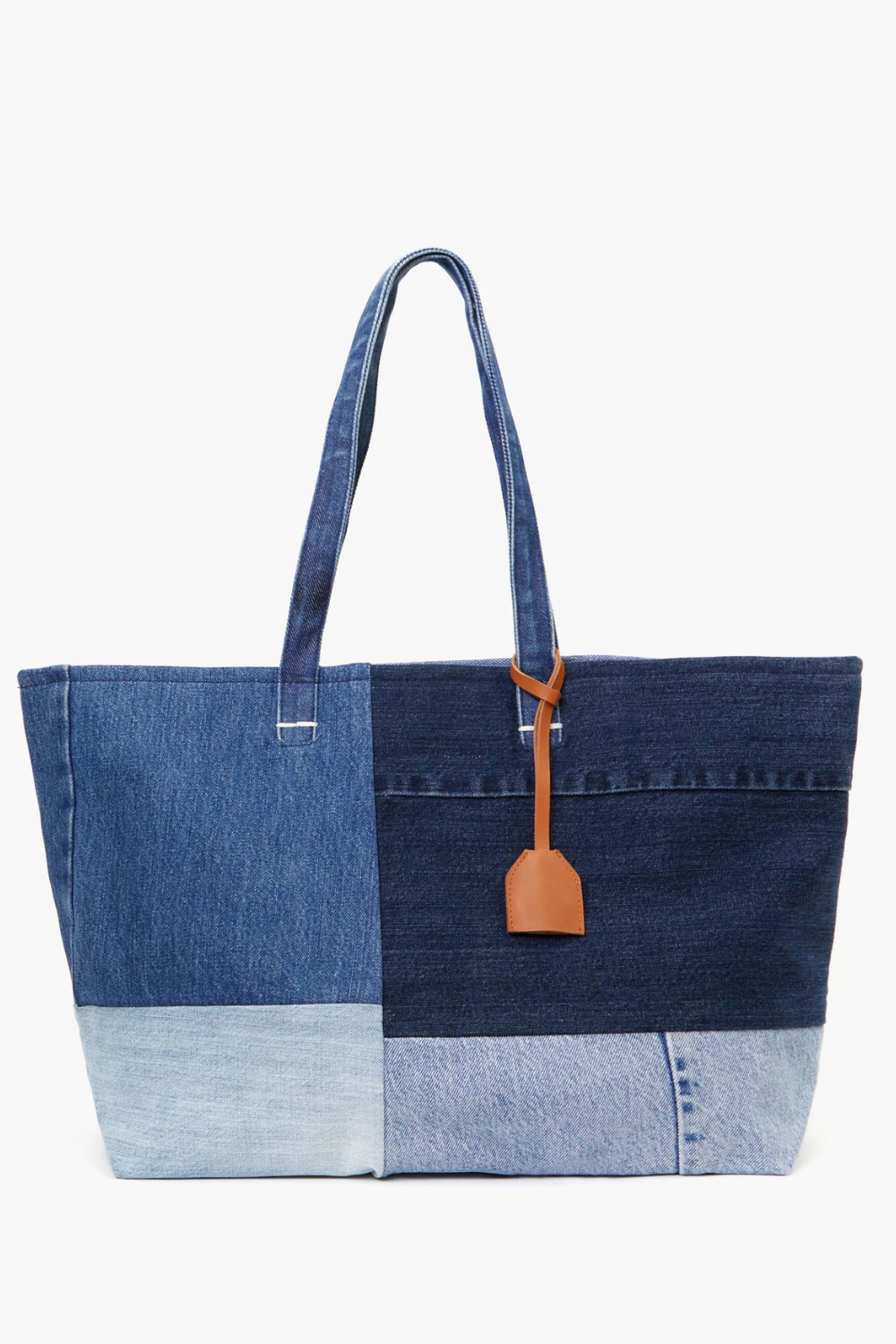 Flat lay of Clare V. Volie Tote Washed Denim Patchwork OS	