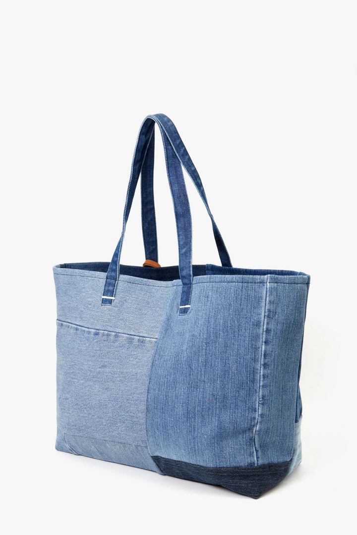Flat lay of Clare V. Volie Tote Washed Denim Patchwork OS	