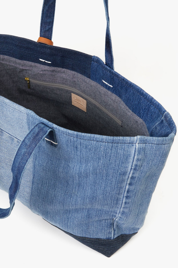 Flat lay of Clare V. Volie Tote Washed Denim Patchwork OS	