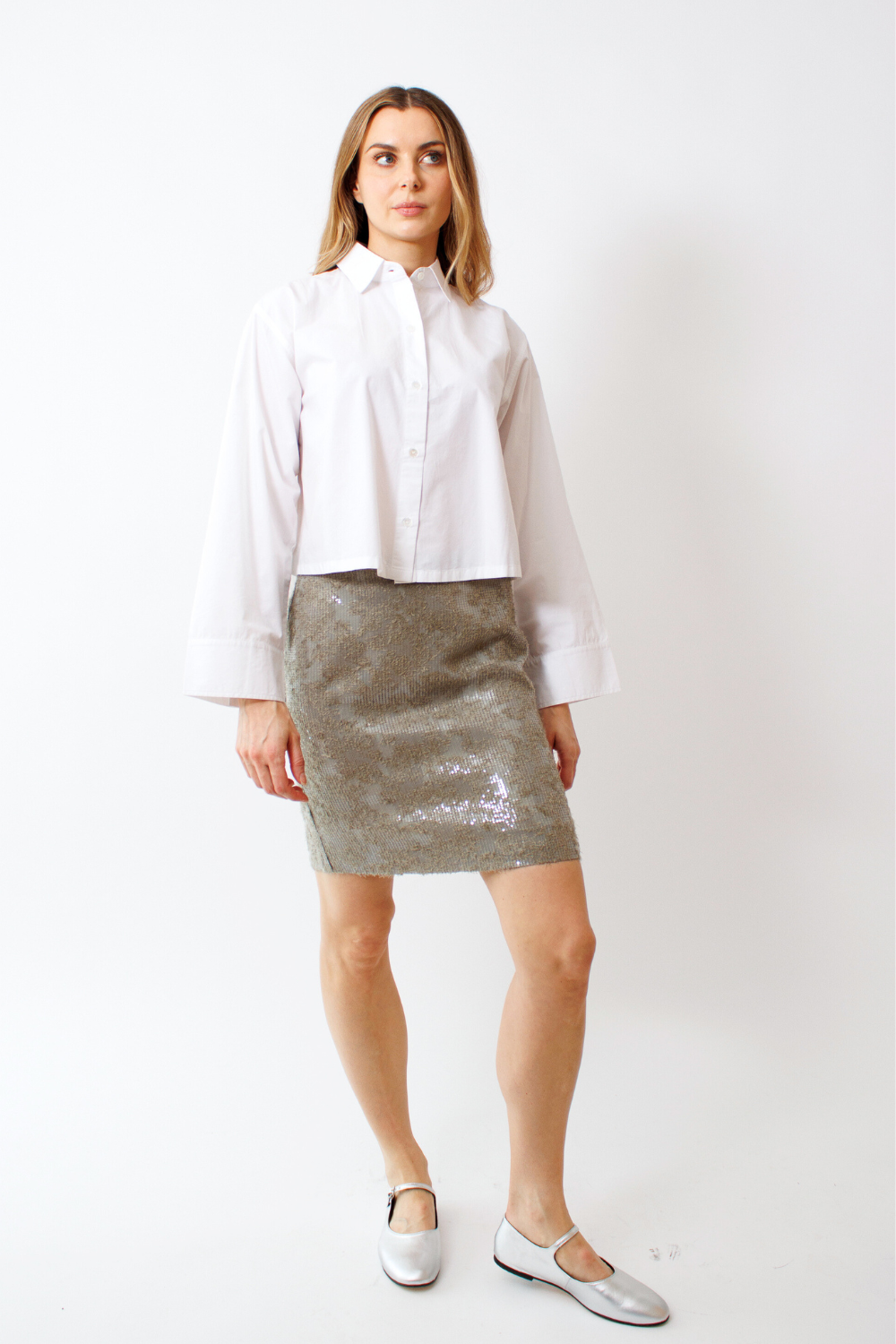Mari wearing Dorothee Schumacher Sequin Statement Skirt front view