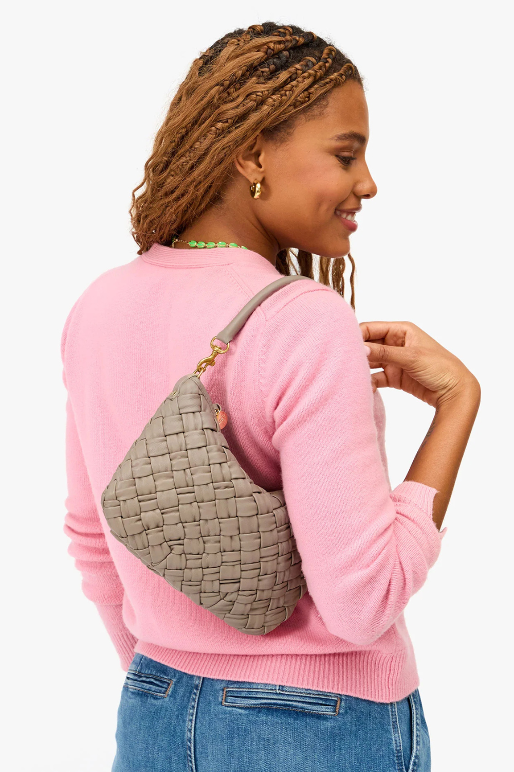 Model wearing Clare V. Petit Moyen Messenger front view