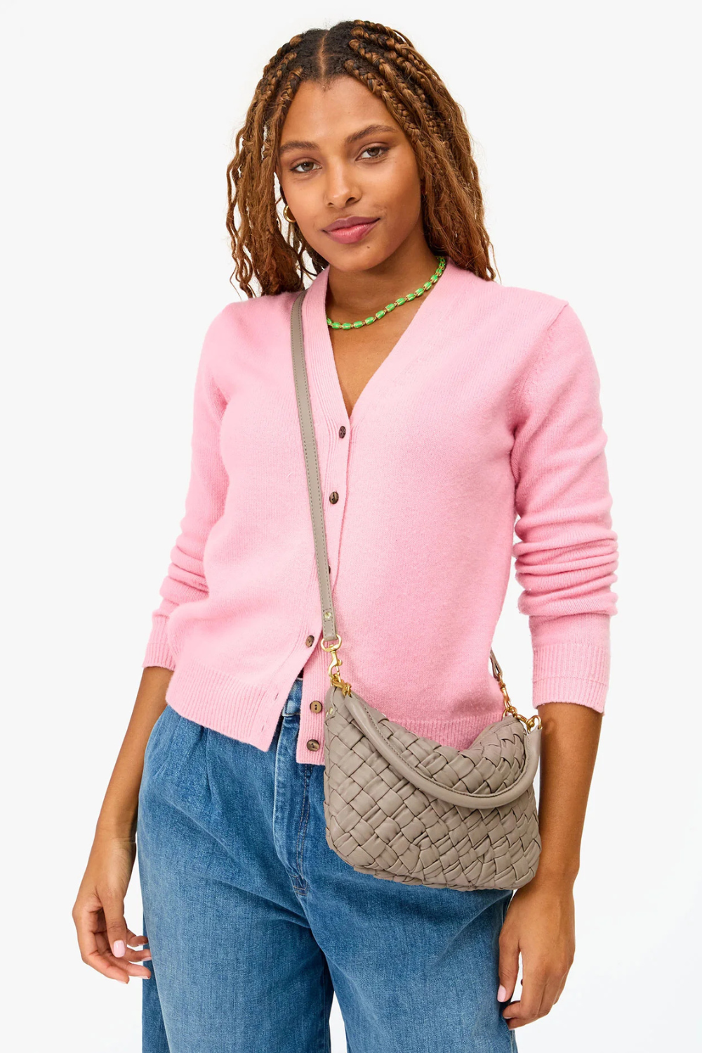 Model wearing Clare V. Petit Moyen Messenger front view