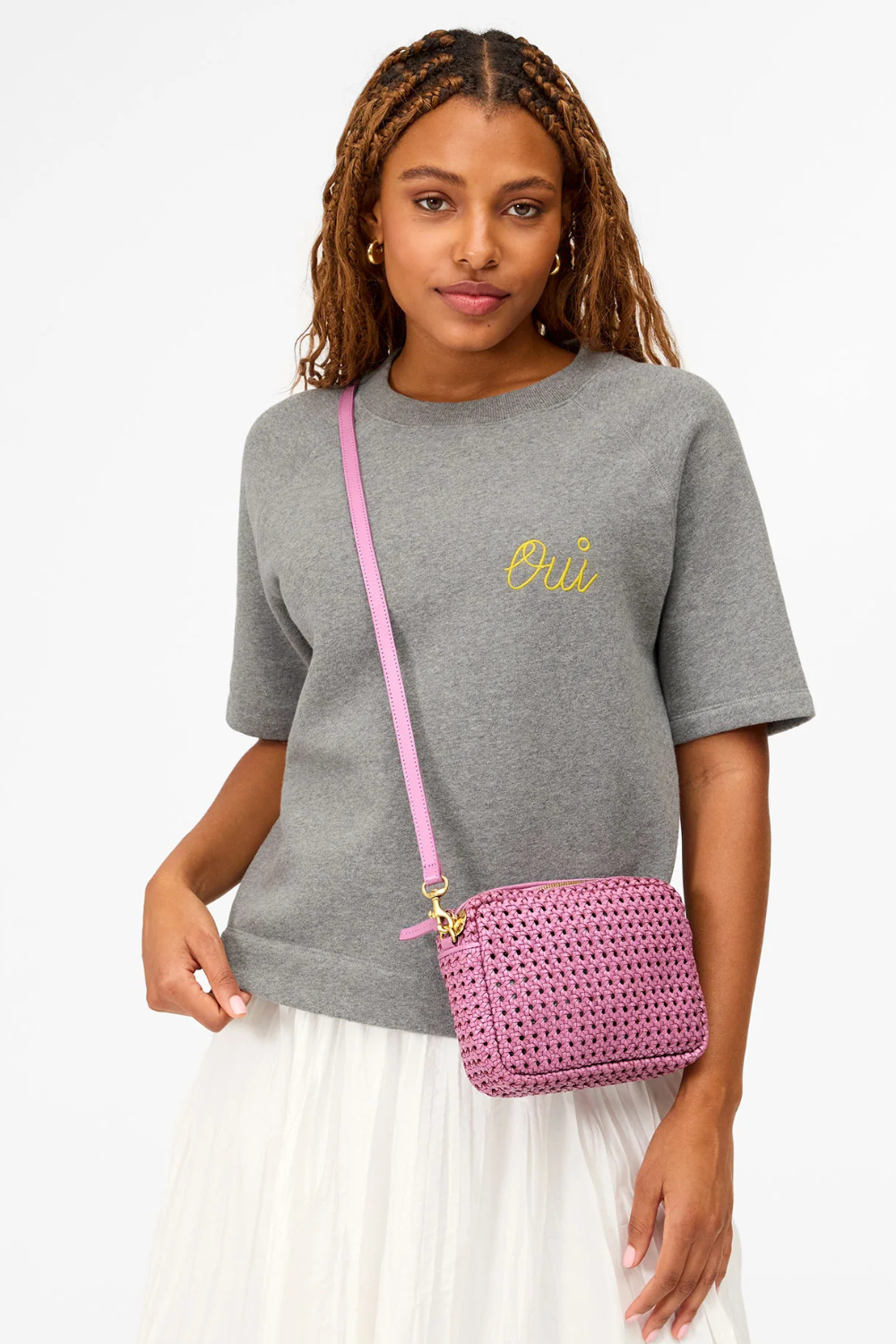 Model wearing Clare V. Midi Sac front view