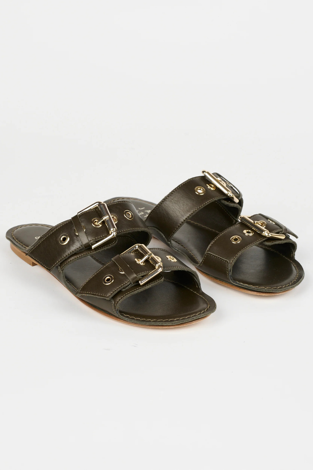 Flat lay of Jamie Haller The Double Buckle Slide in Leather front view