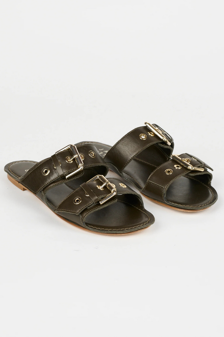 Flat lay of Jamie Haller The Double Buckle Slide in Leather front view