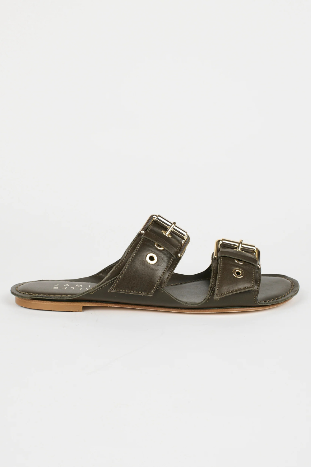Flat lay of Jamie Haller The Double Buckle Slide in Leather side view