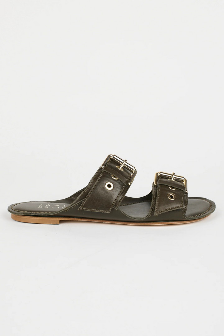 Flat lay of Jamie Haller The Double Buckle Slide in Leather side view