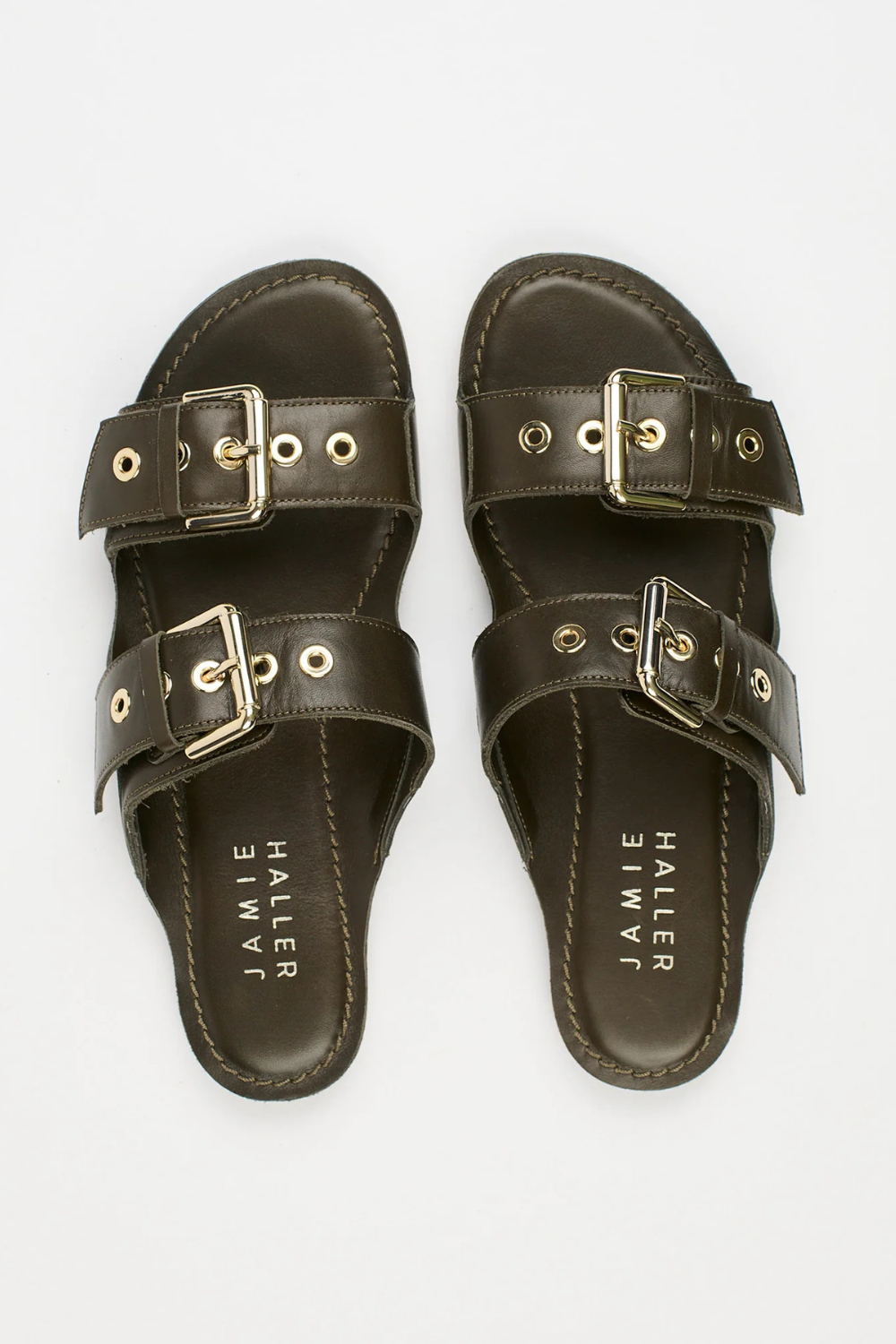 Flat lay of Jamie Haller The Double Buckle Slide in Leather top view