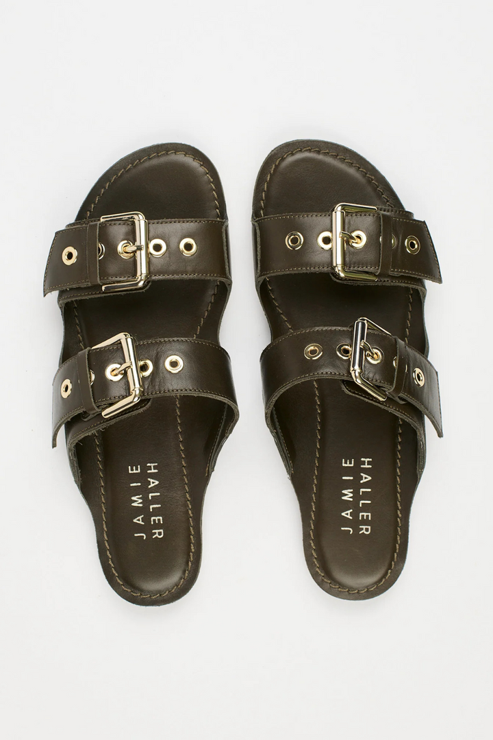 Flat lay of Jamie Haller The Double Buckle Slide in Leather top view