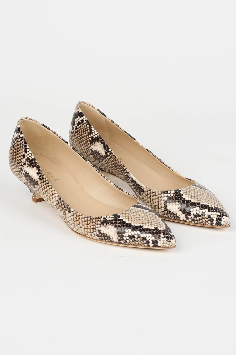 Flat lay of Jamie Haller The Kitty Point Heel In Embossed Python front/side view