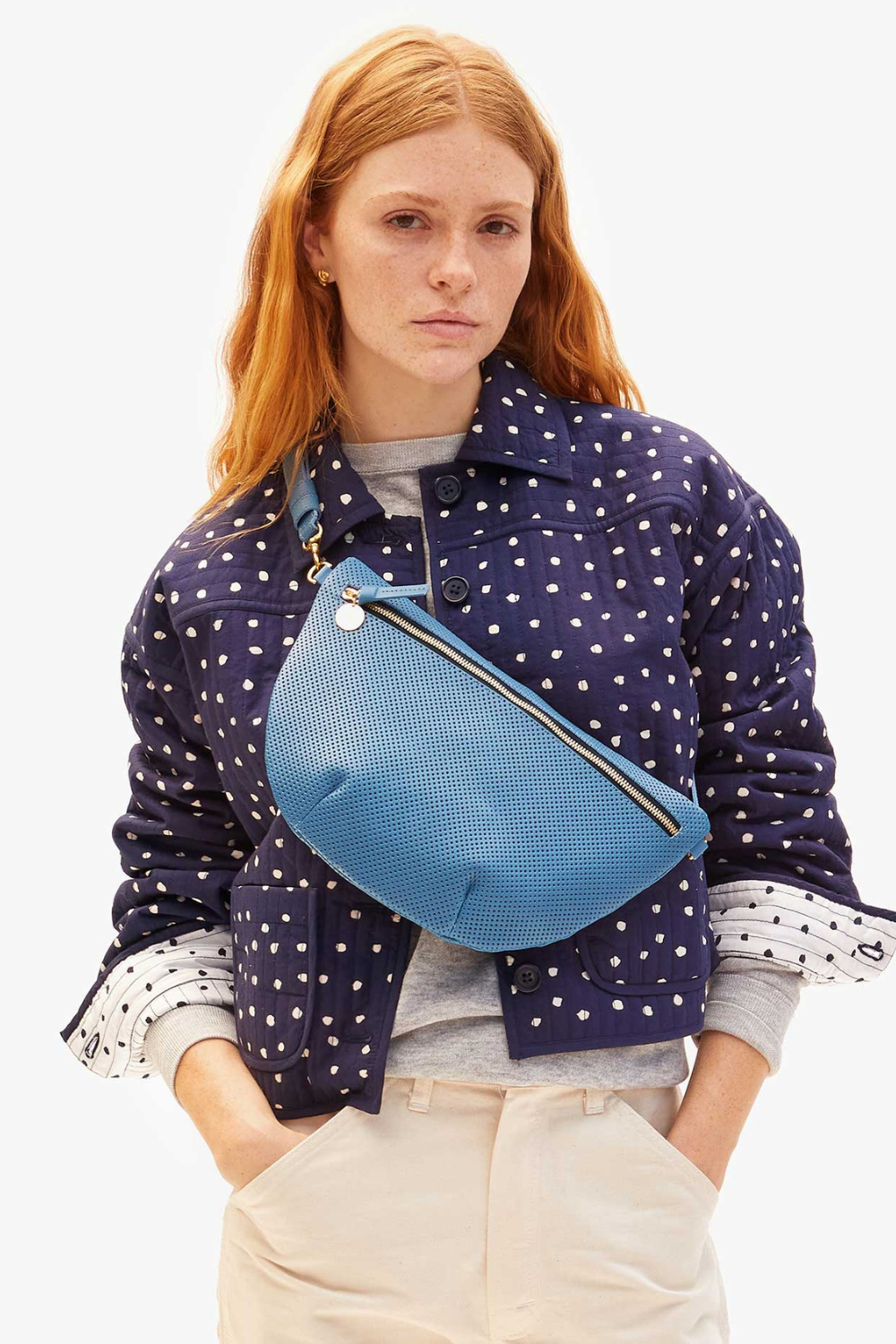 Model wearing Clare V. Grande Fanny front view